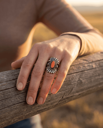 Victor Coriz Navajo Sandcast Sterling Silver Ring with Orange Spiny Oyster — Size 8.5 (Thunderbird)