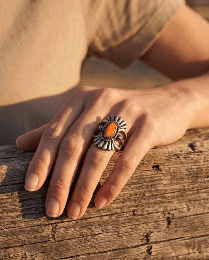 Victor Coriz Navajo Sandcast Sterling Silver Ring with Orange Spiny Oyster — Size 8.5 (Thunderbird)