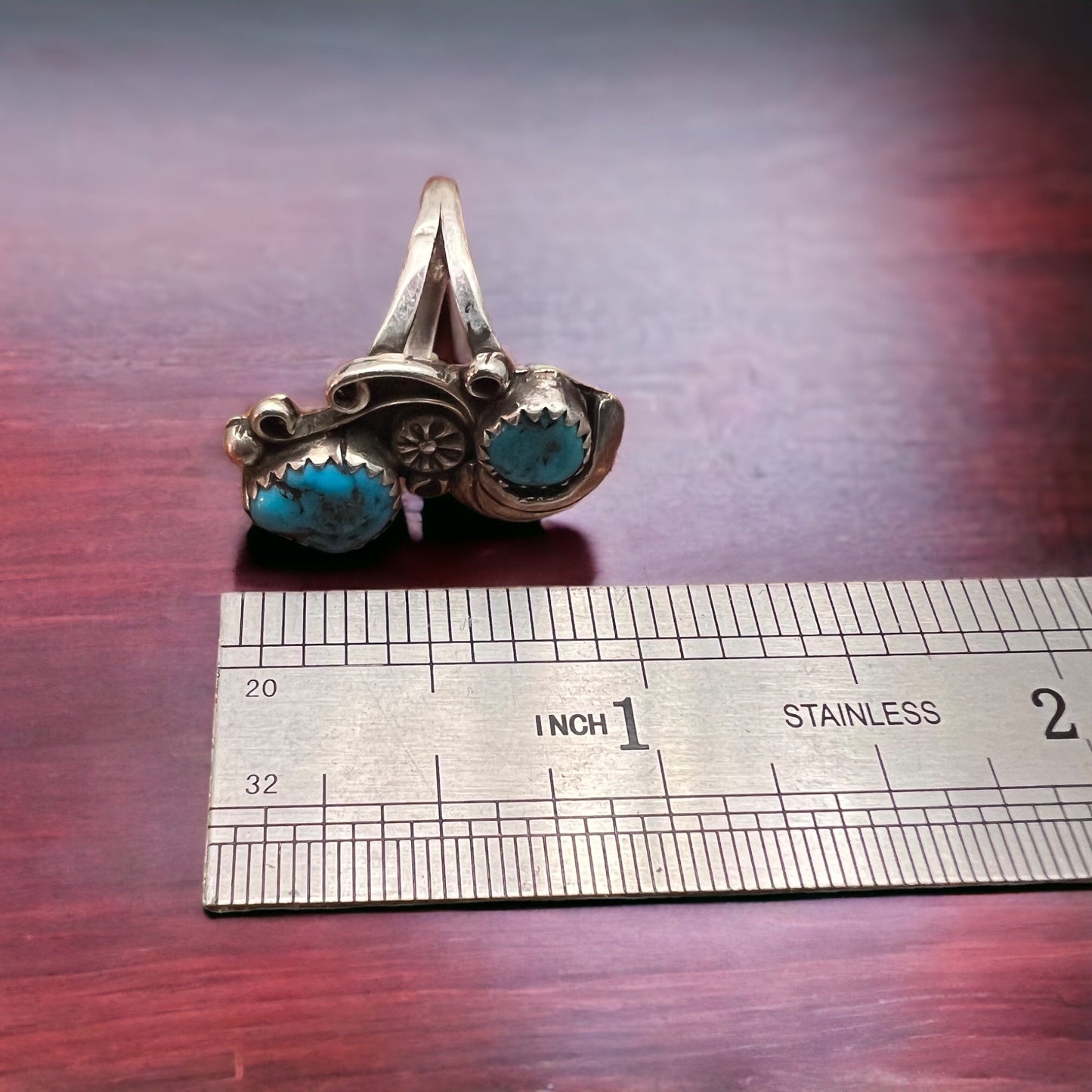 Vintage Native American Handmade Sterling Silver Turquoise Ring — Size 5 (Maker Stamp)