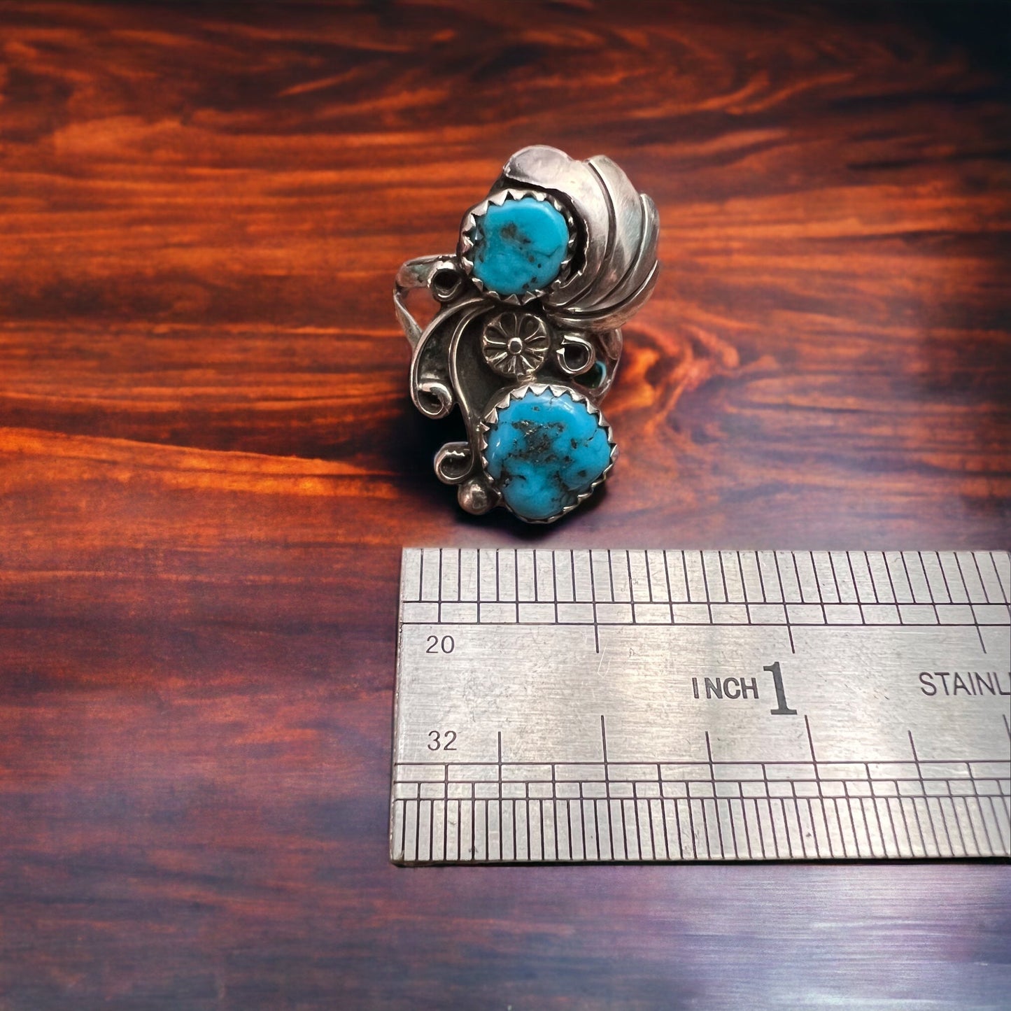 Vintage Native American Handmade Sterling Silver Turquoise Ring — Size 5 (Maker Stamp)