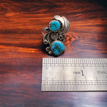 Vintage Native American Handmade Sterling Silver Turquoise Ring — Size 5 (Maker Stamp)