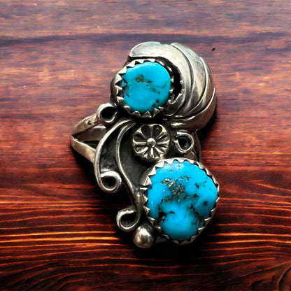 Vintage Native American Handmade Sterling Silver Turquoise Ring — Size 5 (Maker Stamp)