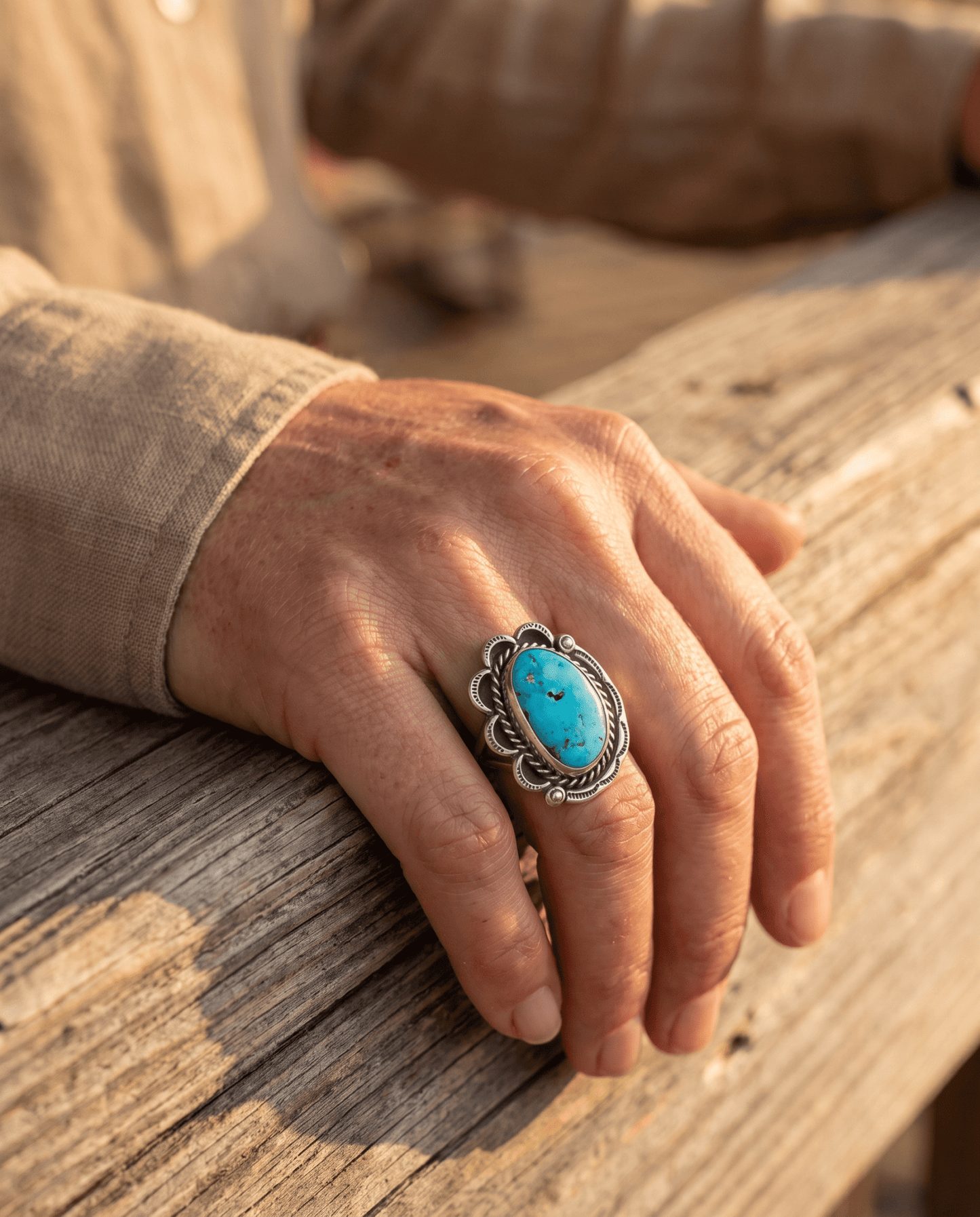 Vintage Sterling Silver Turquoise Ring — Blue Cabochon & Hand-Stamping, Size 7 (Native-Style)