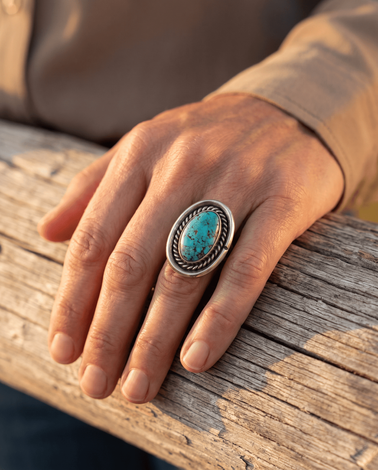 Vintage Sterling Silver Turquoise Ring with Shadowbox & Rope Back — Size 8