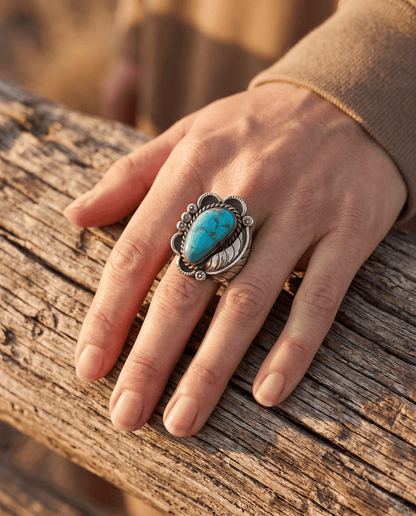 Vintage Sterling Silver Turquoise Ring with Sterling Leaf & Hand-Stamping — Size 7.5 (Native-Style)