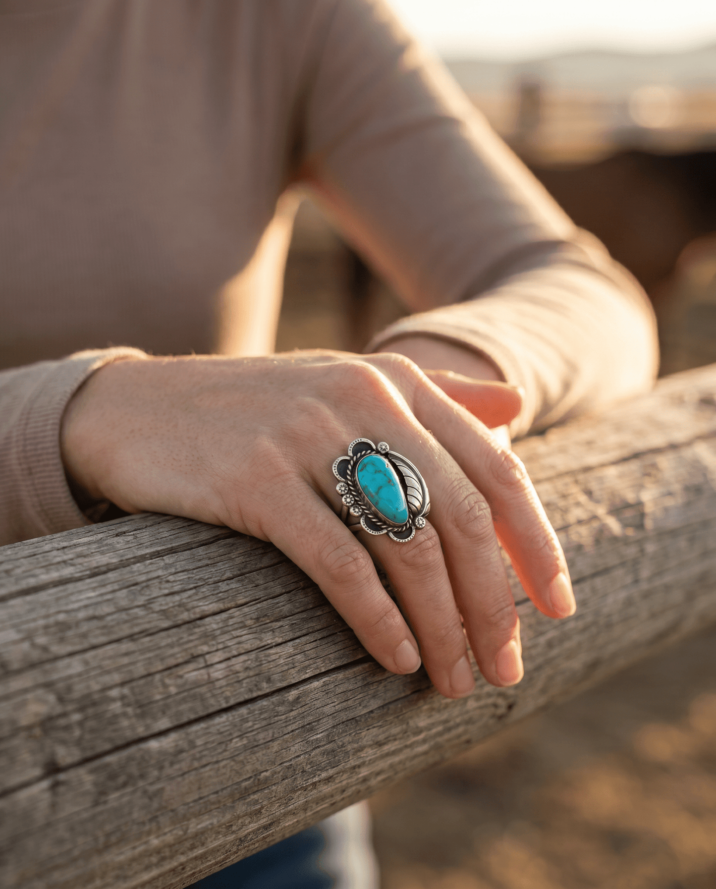 Vintage Sterling Silver Turquoise Ring with Sterling Leaf & Hand-Stamping — Size 7.5 (Native-Style)