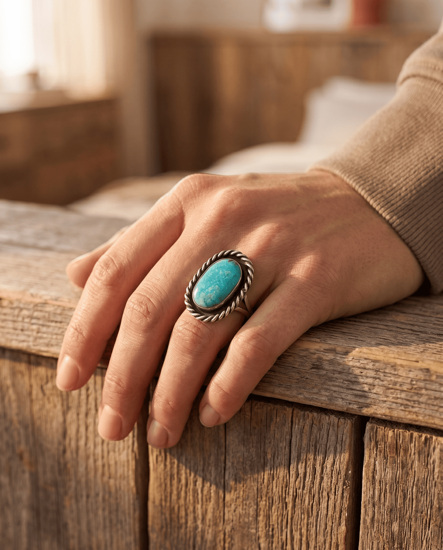 Vintage Sterling Silver Waterweb Blue Turquoise Cabochon Ring — Size 10.5