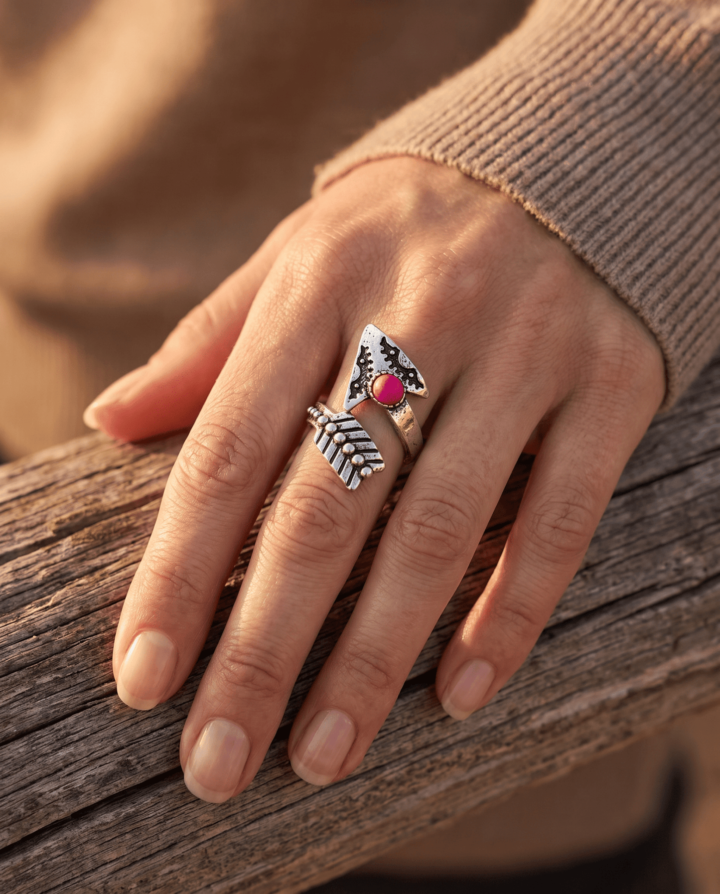 Western Arrow Head Cuff Ring with Faux Pink Stone — Adjustable Hand Statement