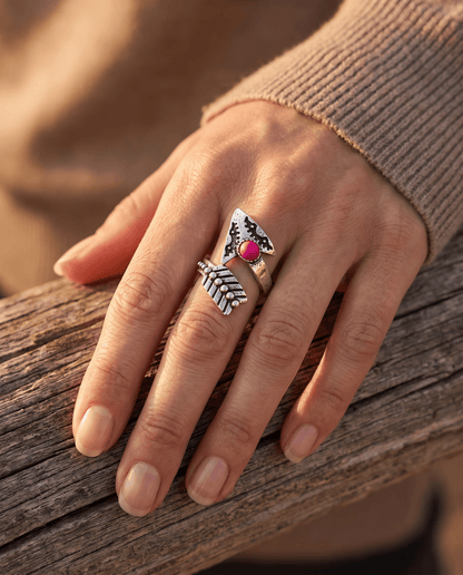 Western Arrow Head Cuff Ring with Faux Pink Stone — Adjustable Hand Statement