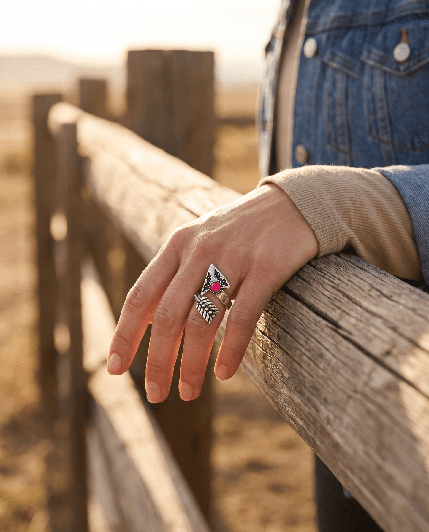 Western Arrow Head Cuff Ring with Faux Pink Stone — Adjustable Hand Statement