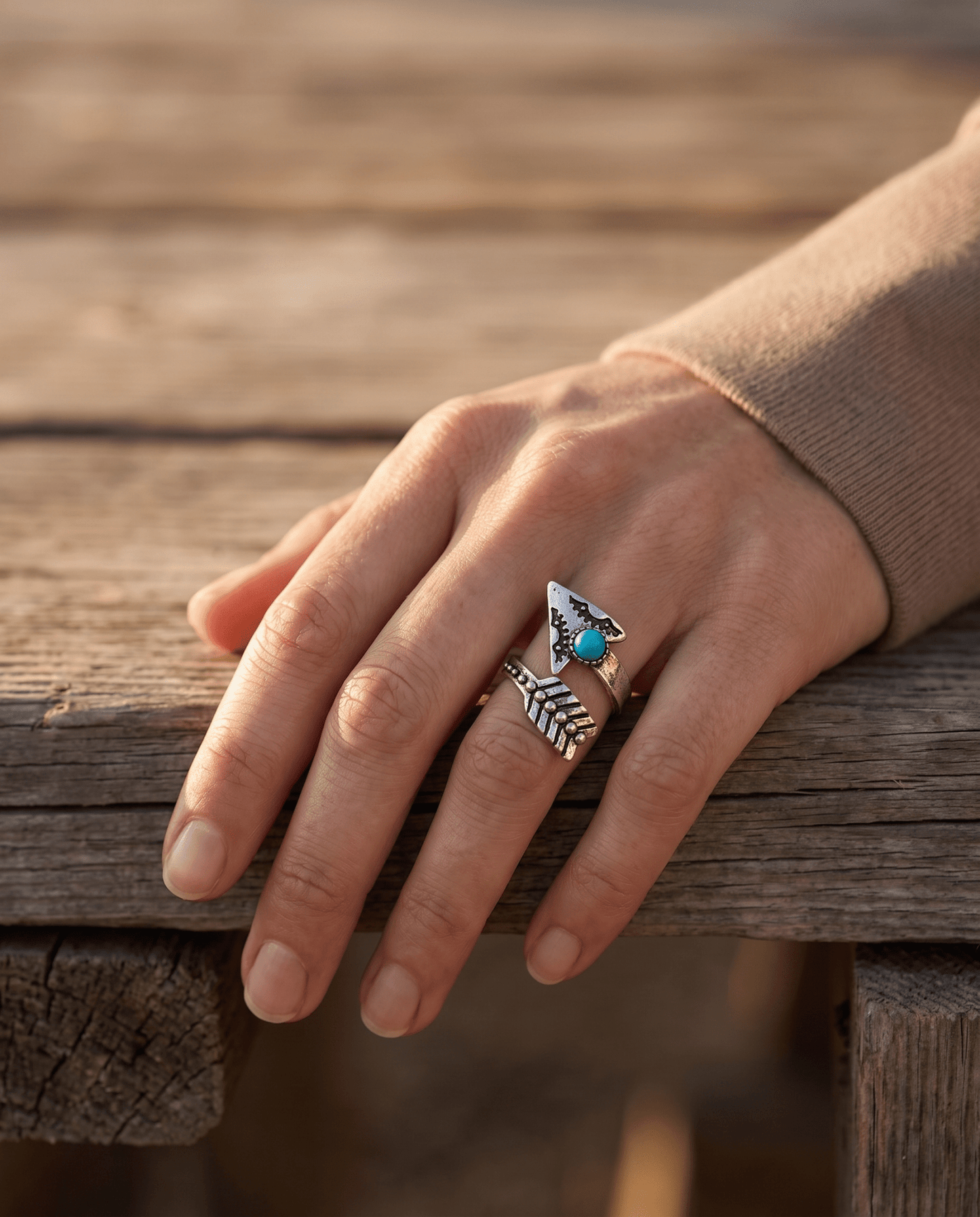 Western Arrow Head Cuff Ring with Faux Turquoise Stone — Adjustable Hand Statement