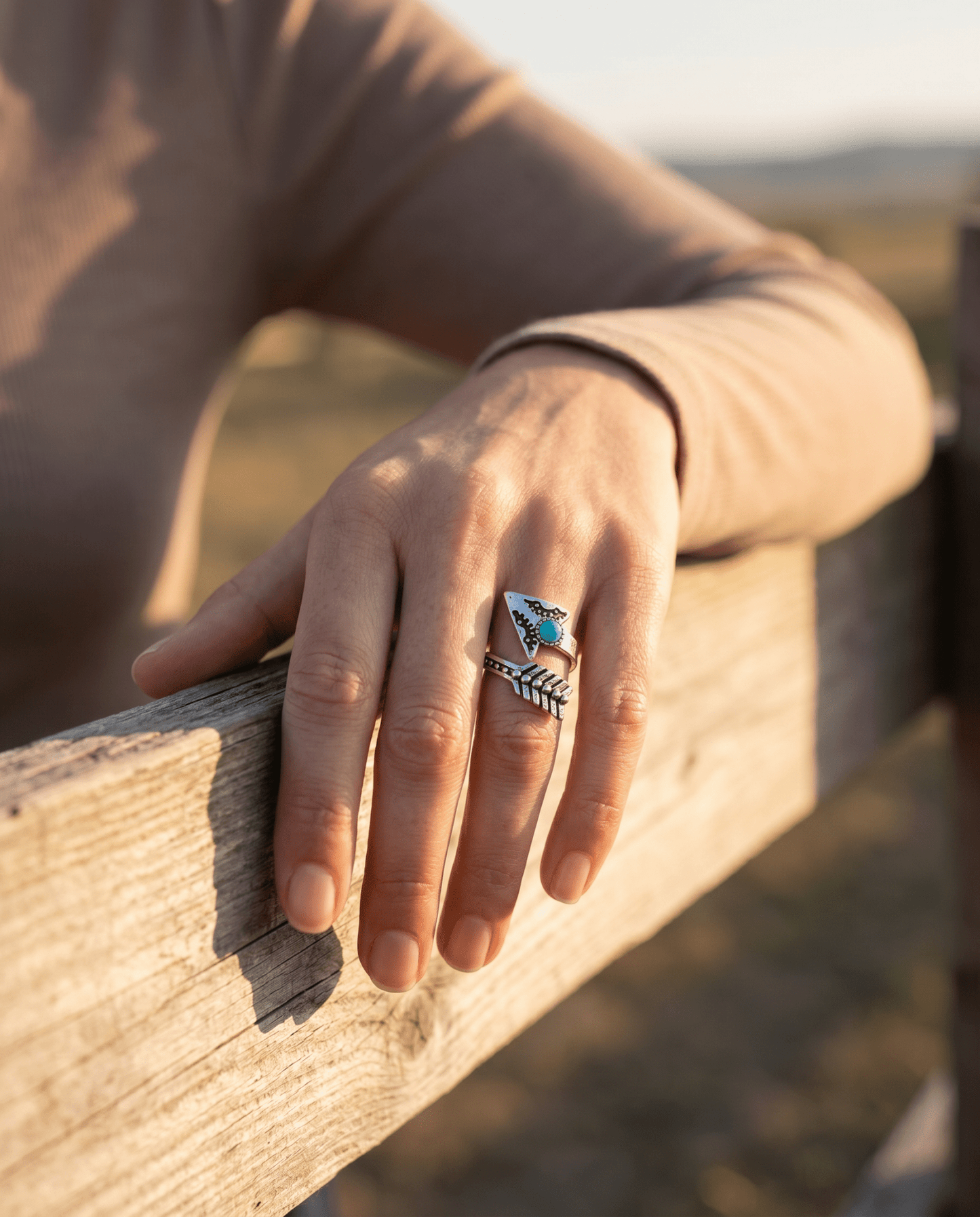 Western Arrow Head Cuff Ring with Faux Turquoise Stone — Adjustable Hand Statement