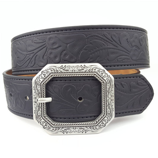 Western Belt and Etched Buckle embossed in Big floral pattern