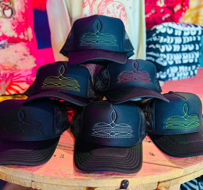 "Western Boot Stitch" Trucker Cap — Hot Pink Stitching on Black, Made in Central Texas