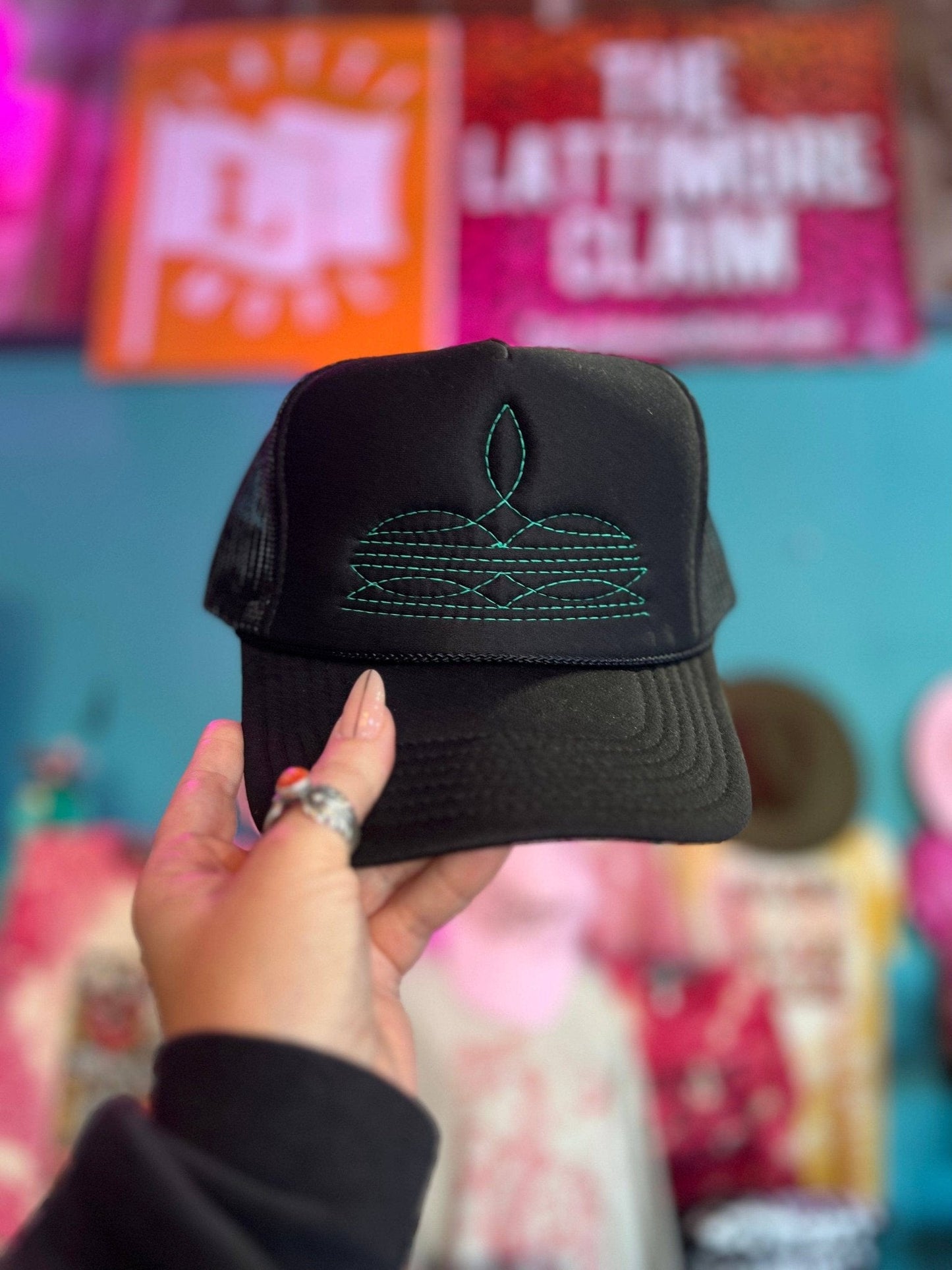 "Western Boot Stitch" Trucker Cap — Hot Pink Stitching on Black, Made in Central Texas