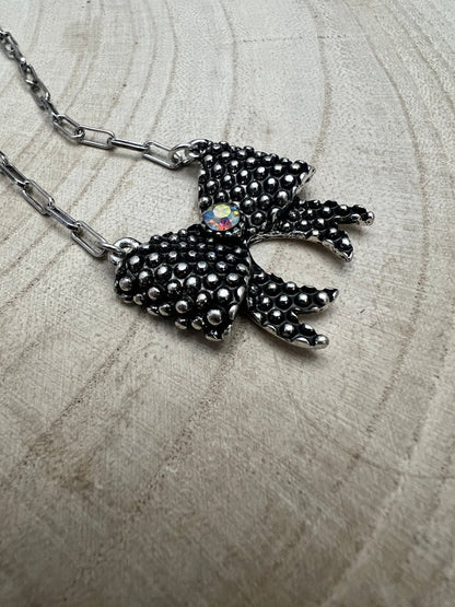 Western Bow Design Rhinestone Ribbon Necklace — Paperclip Chain with Western Pattern Ribbon (18 Inch)