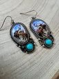 Western Bronc Print Oval & Faux Turquoise Earrings — Matching Rodeo Set