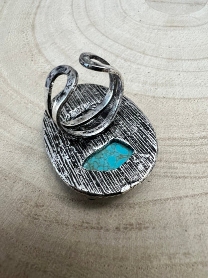 Western Faux Buffalo Coin & Faux Turquoise Nugget Adjustable Ring — Wild West Hand Statement