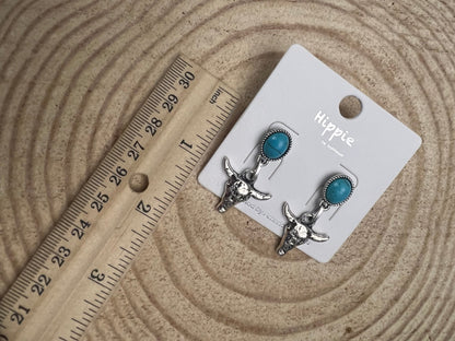 Western Bull Skull Dangle Earrings with Faux Turquoise — 1½" Drop