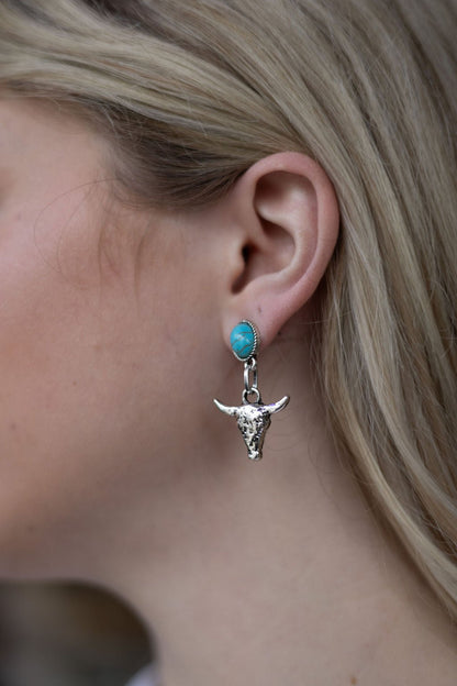Western Bull Skull Dangle Earrings with Faux Turquoise — 1½" Drop