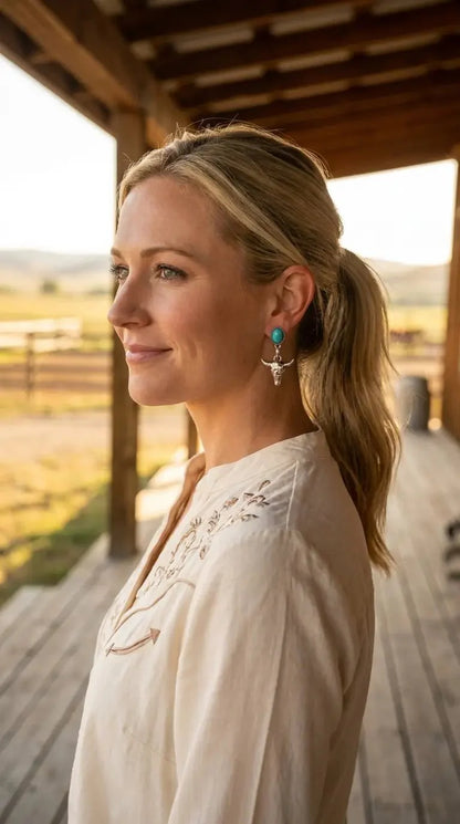 Western Bull Skull Dangle Earrings with Faux Turquoise — 1½" Drop