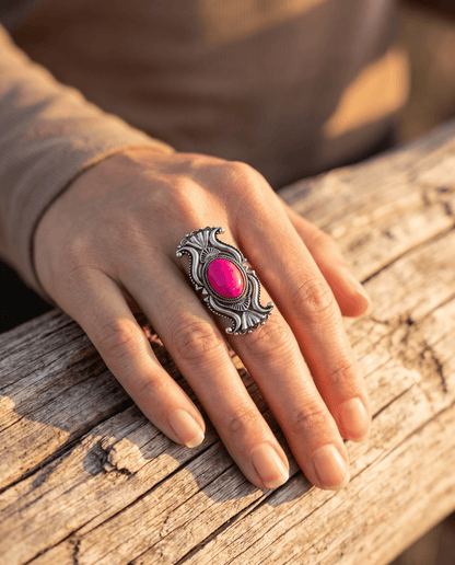 Western Concho Adjustable Ring with Faux Pink Stone — Everyday Southwestern Hand Statement