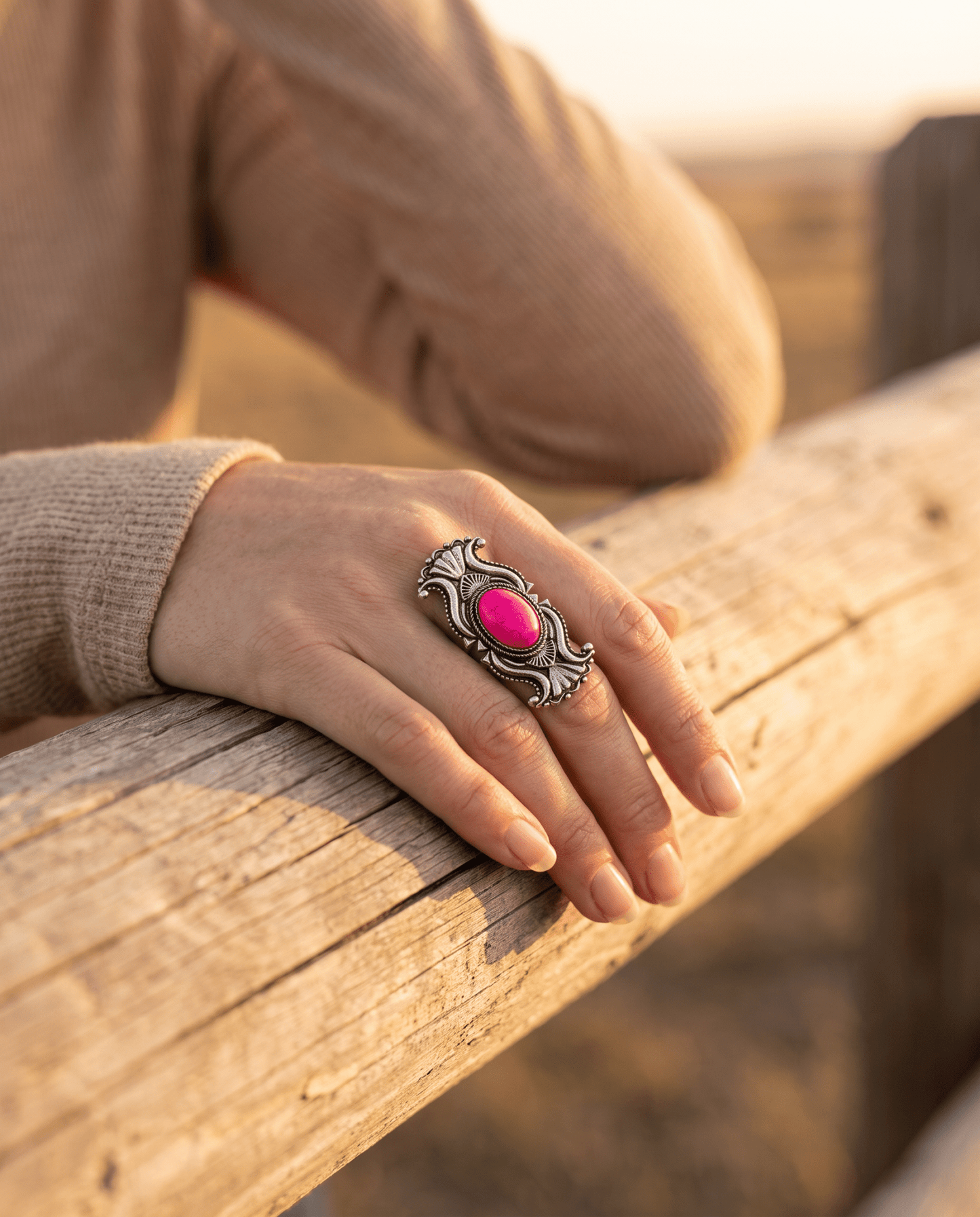 Western Concho Adjustable Ring with Faux Pink Stone — Everyday Southwestern Hand Statement