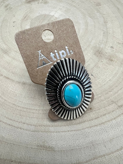 Western Concho & Faux Turquoise Adjustable Statement Ring — 1.5" Bold Western Hand Statement