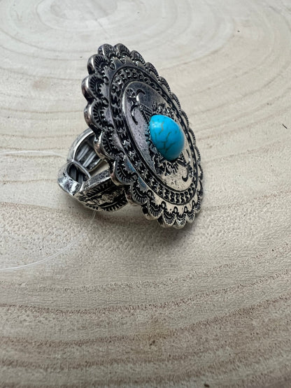 Western Concho & Faux Turquoise Stretch Statement Ring — 1.5" Bold Western Hand Statement