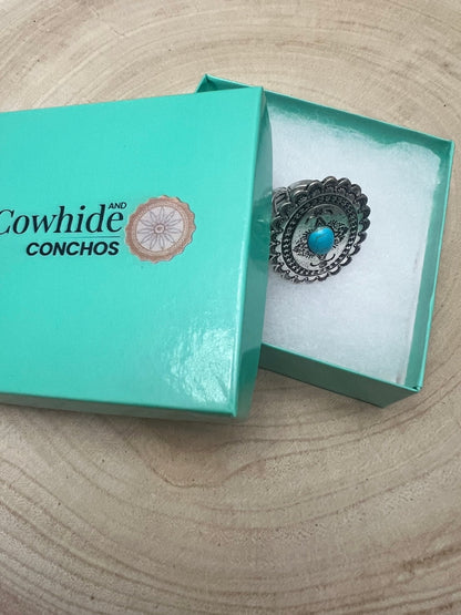 Western Concho & Faux Turquoise Stretch Statement Ring — 1.5" Bold Western Hand Statement