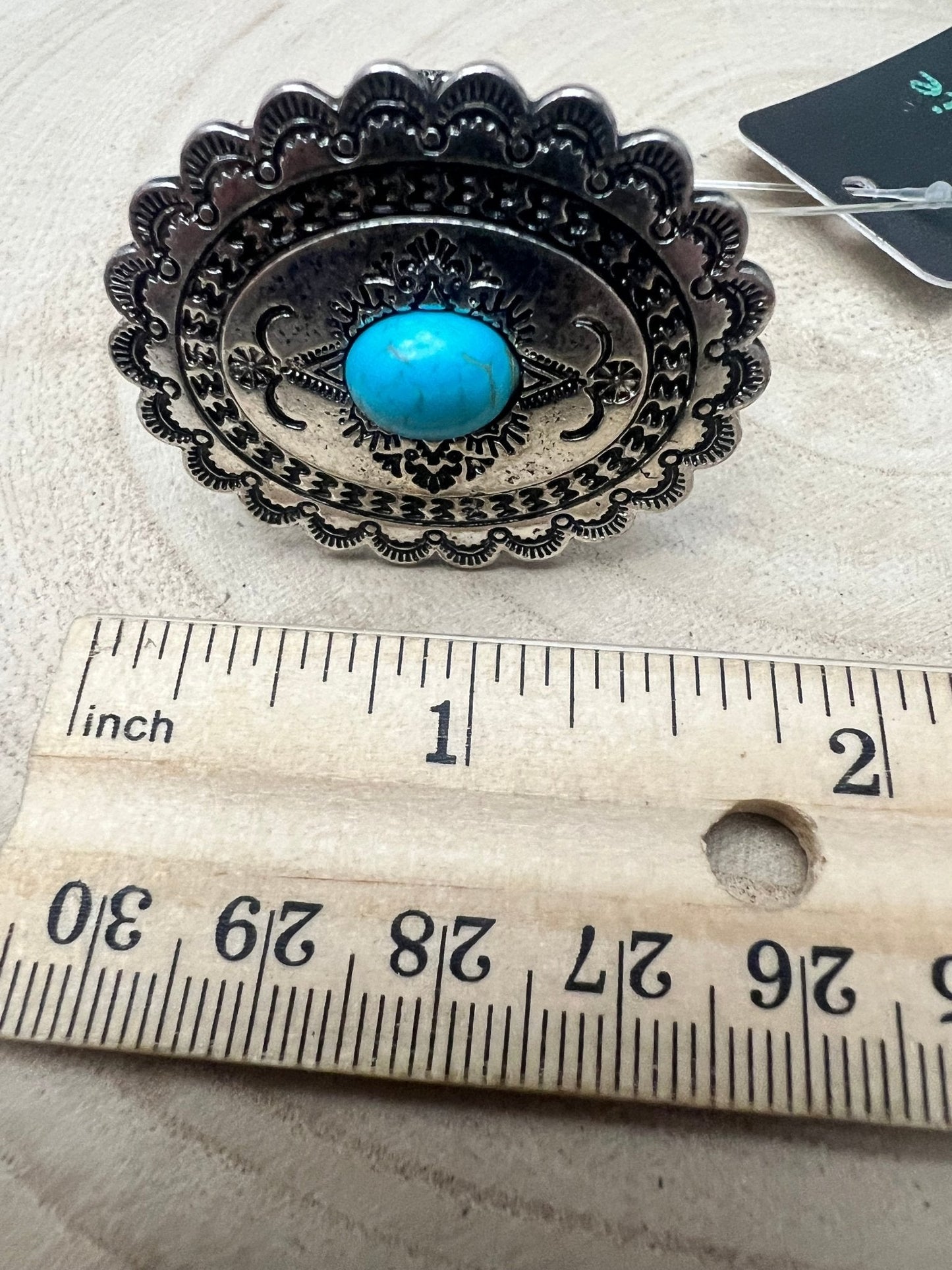 Western Concho & Faux Turquoise Stretch Statement Ring — 1.5" Bold Western Hand Statement