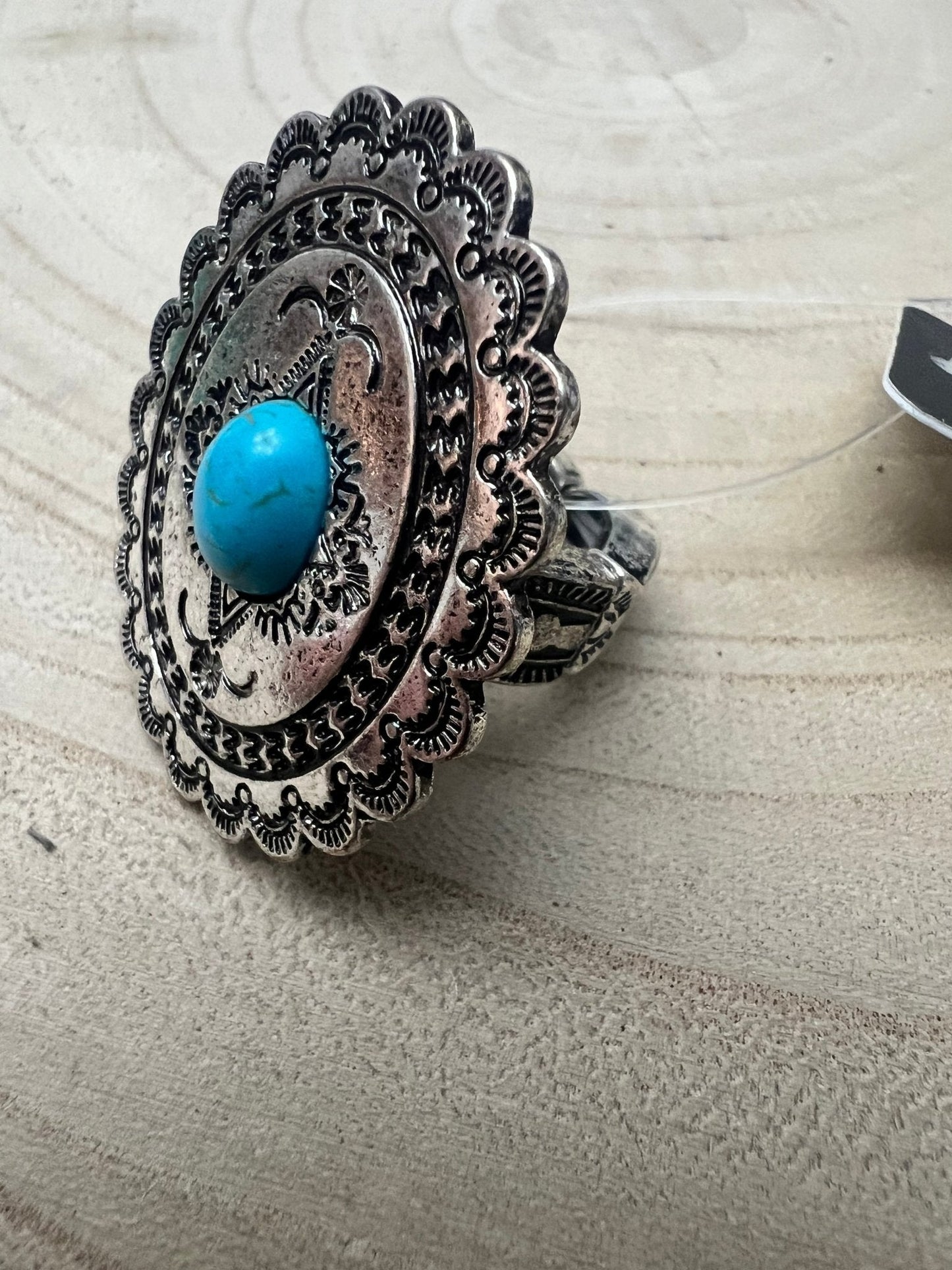 Western Concho & Faux Turquoise Stretch Statement Ring — 1.5" Bold Western Hand Statement