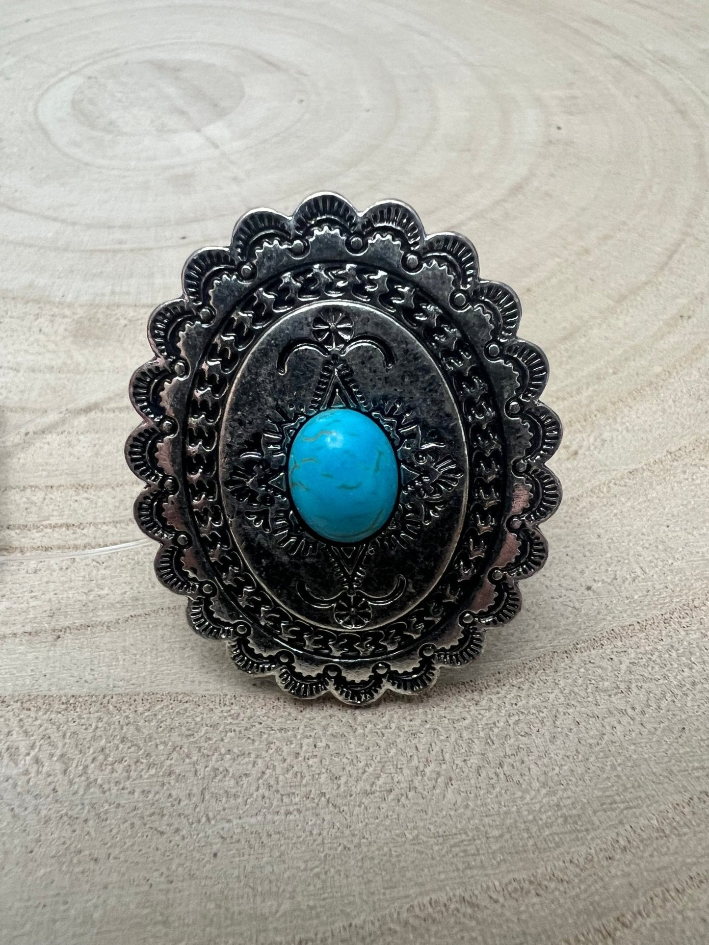 Western Concho & Faux Turquoise Stretch Statement Ring — 1.5" Bold Western Hand Statement