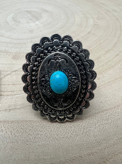 Western Concho & Faux Turquoise Stretch Statement Ring — 1.5" Bold Western Hand Statement
