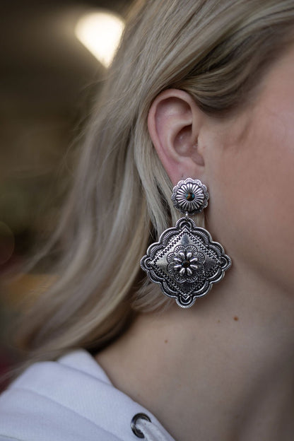 Western Concho Dangle Earrings with Multi-Color Stones — 2½" Drop