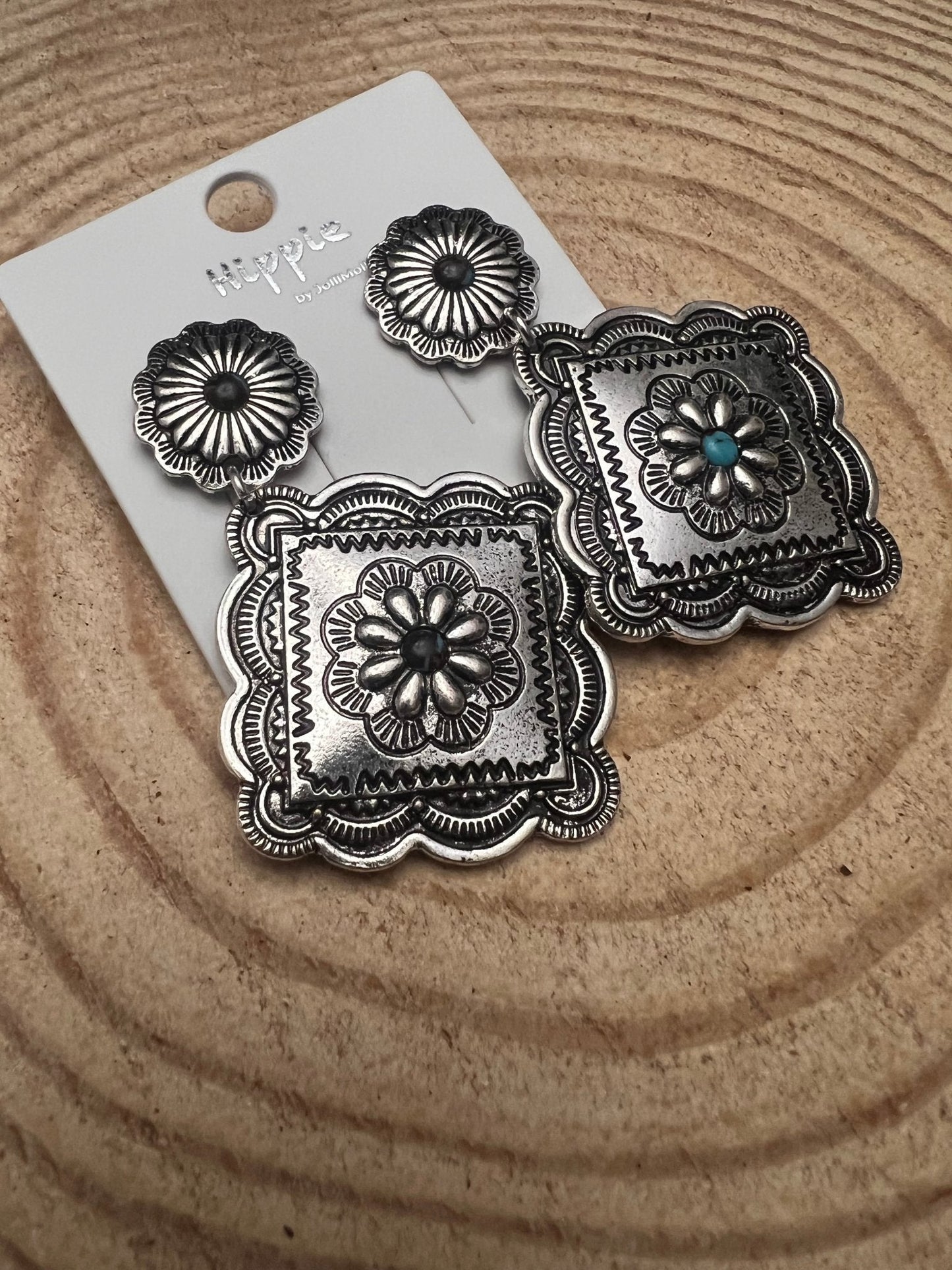 Western Concho Dangle Earrings with Multi-Color Stones — 2½" Drop