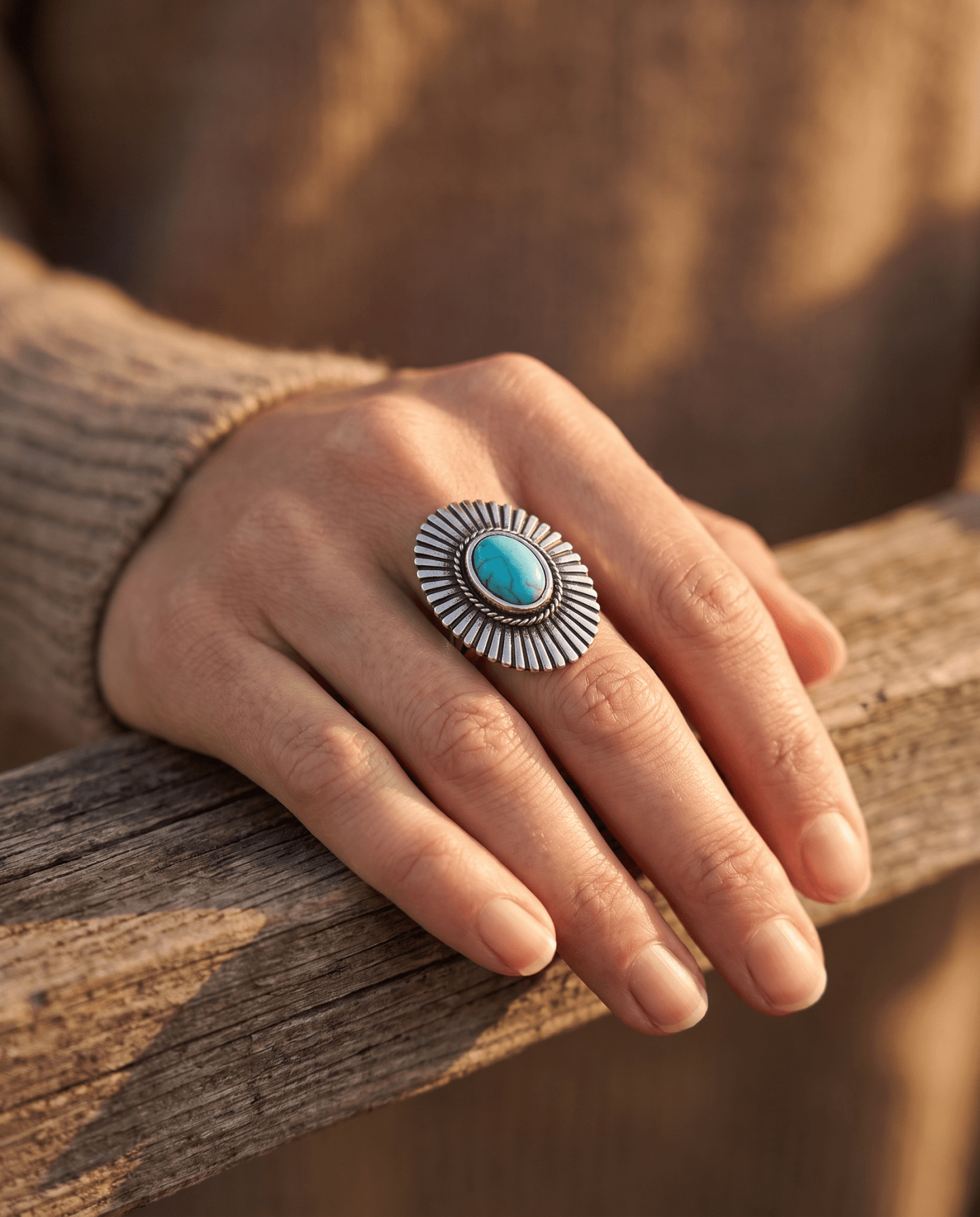 Western Concho & Faux Turquoise Adjustable Statement Ring — 1.5" Bold Western Hand Statement