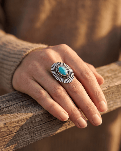 Western Concho & Faux Turquoise Adjustable Statement Ring — 1.5" Bold Western Hand Statement
