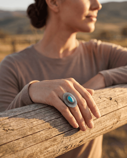 Western Concho & Faux Turquoise Adjustable Statement Ring — 1.5" Bold Western Hand Statement
