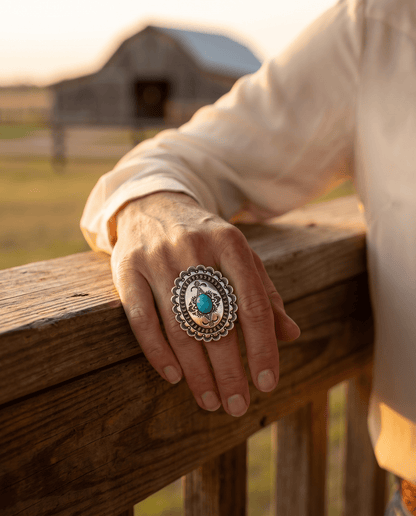 Western Concho & Faux Turquoise Stretch Statement Ring — 1.5" Bold Western Hand Statement