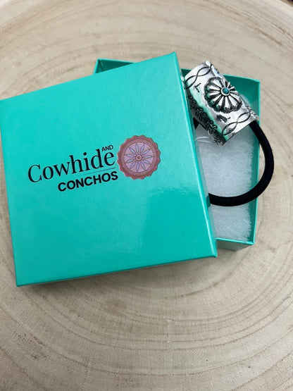 Western Concho & Faux Turquoise Stone Hair Tie — Burnished Silver Hair Statement