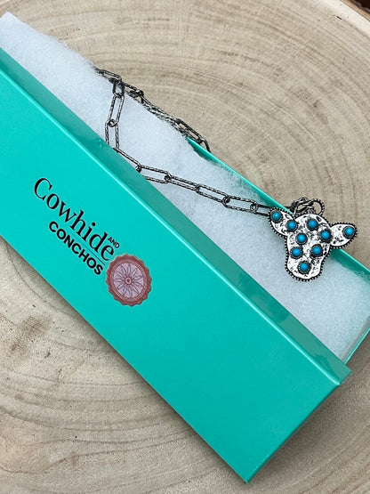 Western Cow Head Pendant Necklace with Faux Turquoise — 18 Inch