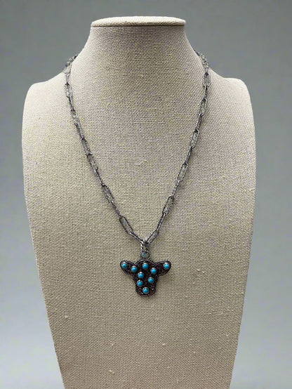 Western Cow Head Pendant Necklace with Faux Turquoise — 18 Inch