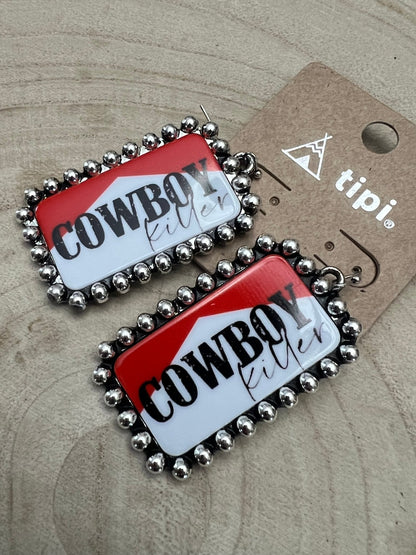 Western Cowboy Killer Rectangle Earrings — Red & White Western Statement