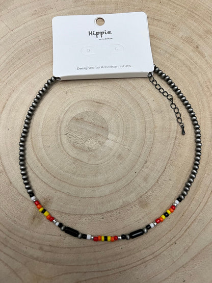 Western Cylinder Seed Bead Choker with Faux Silver Pearls — Multicolor 15 Inch with Extender