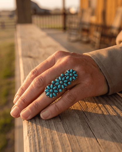Western Desert Bloom Cluster Adjustable Ring — Faux Turquoise Hand Statement