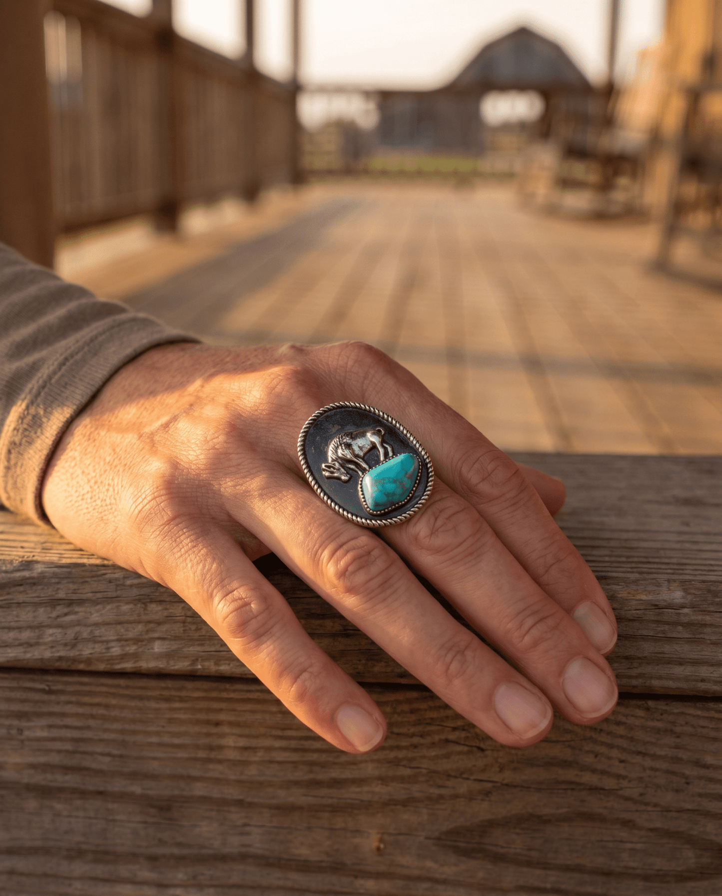 Western Faux Buffalo Coin & Faux Turquoise Nugget Adjustable Ring — Wild West Hand Statement
