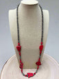 Western Faux Pearl Statement Necklace with Red Stone Centerpiece — 32 Inch Statement