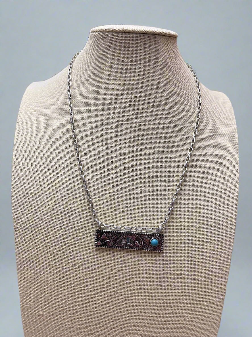 Western Faux Tooled Bar Necklace with Faux Turquoise - 18 inch + 3