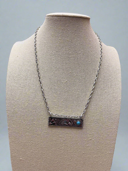 Western Faux Tooled Bar Necklace with Faux Turquoise — 18 Inch with Extender